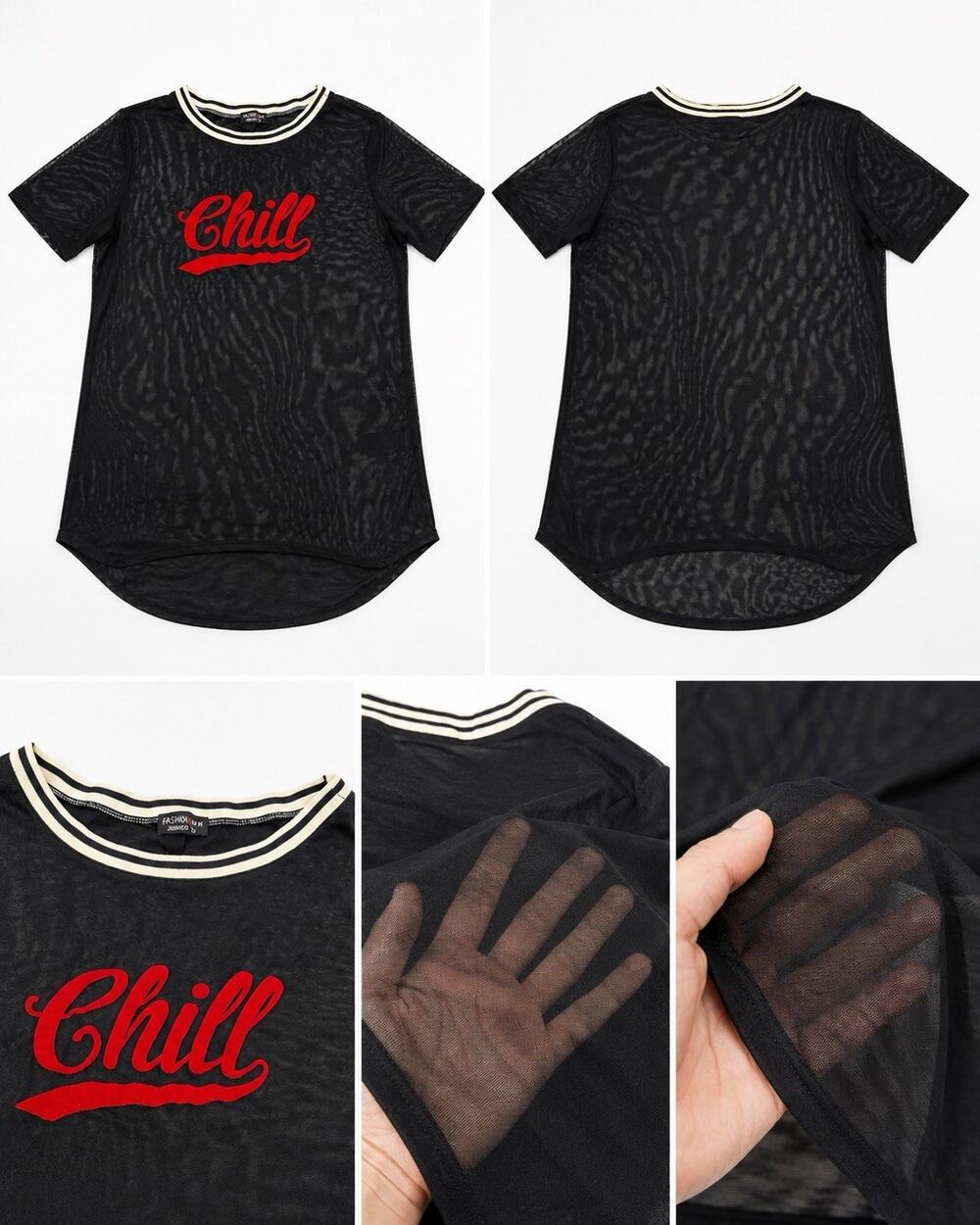 Fashion Nova Chill Mesh Sheer Tunic Top Women’s Medium Black Red Graphic